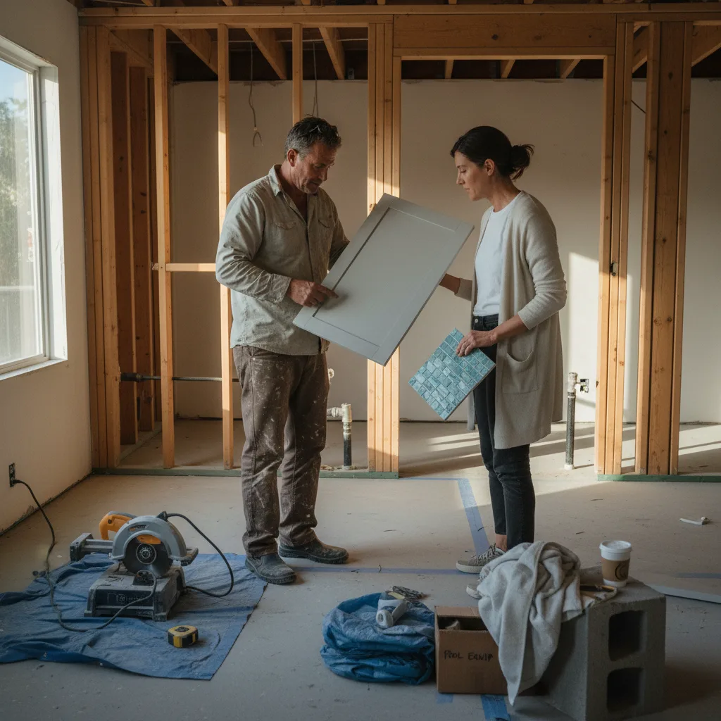 A Los Angeles homeowner and their pool contractor review saltwater chlorinator options on a tablet next to a newly plastered pool.