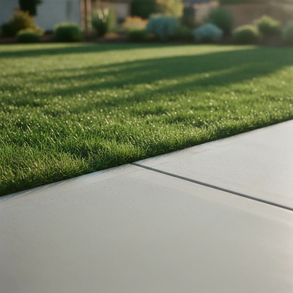 A newly poured concrete patio with a clean, light gray broom finish, adjoining a modern home with dark siding.