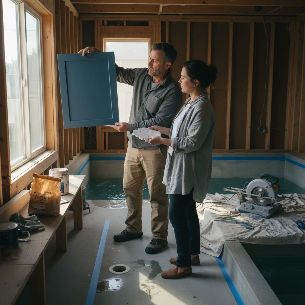 A homeowner and their pool contractor reviewing decking samples next to a newly installed pool in a Seattle backyard.