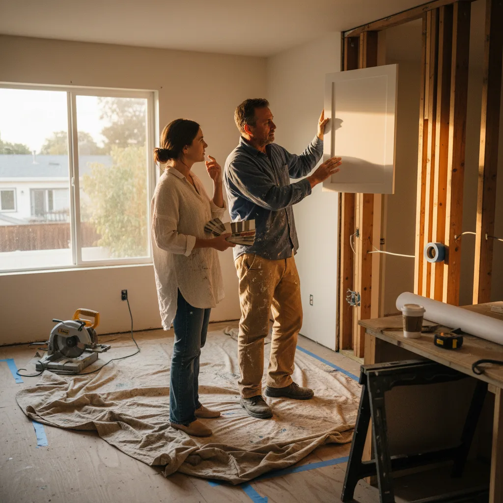 An Oakland contractor and homeowner review siding samples against an existing wall.