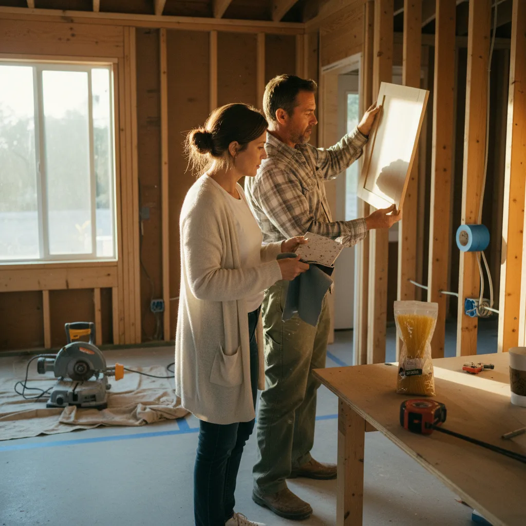 A homeowner and their ADU contractor reviewing blueprints on a construction site in Irvine.