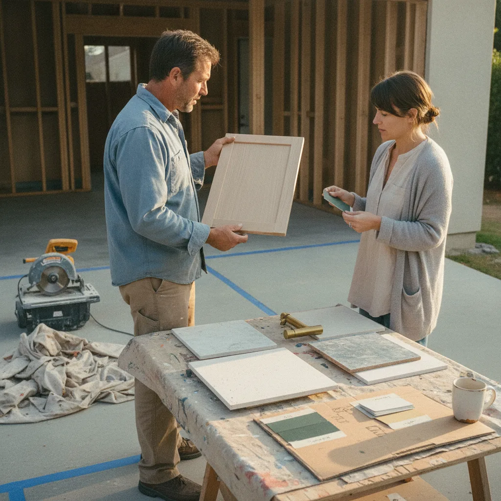 A driveway contractor in San Jose discusses paver samples with a homeowner on a prepared base.