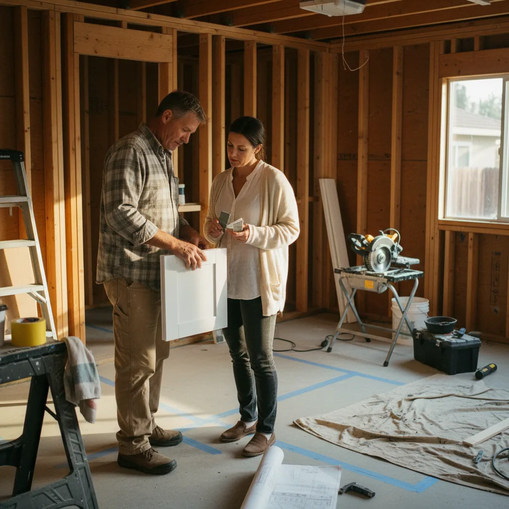 A homeowner and their garage conversion contractor in Irvine review blueprints inside the partially framed structure.