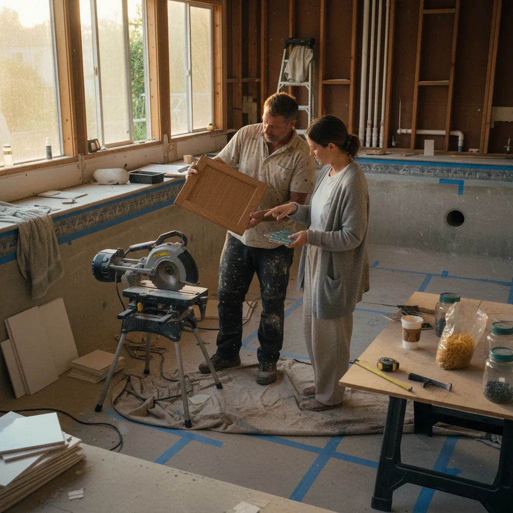 A homeowner and their pool contractor review tile samples on a poolside table in Santa Monica, with the unfinished pool shell in the background.