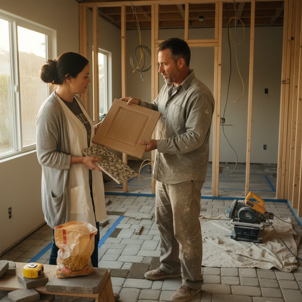 A paver patio contractor in San Diego discusses paver samples with a homeowner on-site.