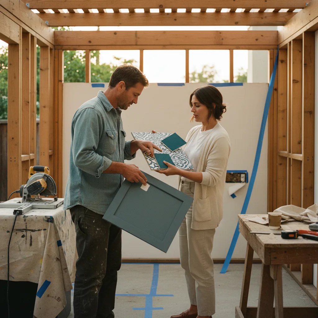 A Santa Monica homeowner and their pergola contractor reviewing cedar wood samples on a sunny patio.