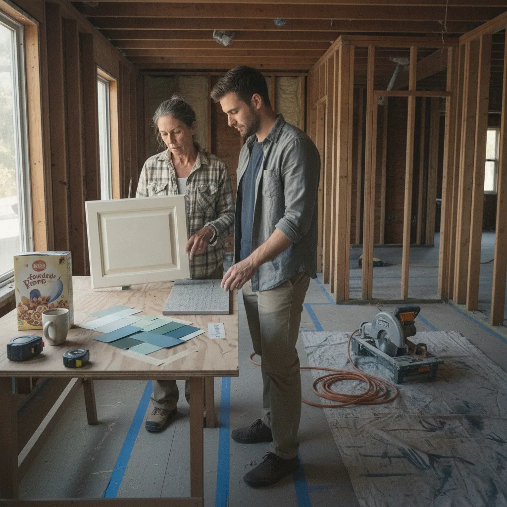 A San Jose roofing contractor and a homeowner review shingle samples against the house's <a class=