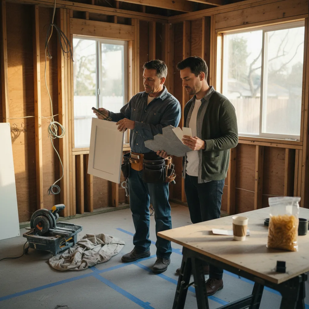 A homeowner and her ADU contractor review material samples for a coastal-style ADU in their Santa Monica backyard.