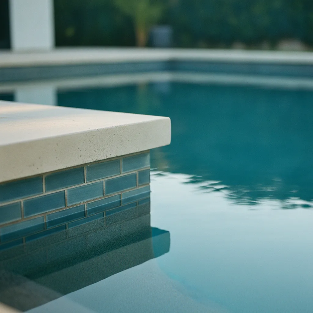 A modern rectangular inground pool with a dark plaster finish, surrounded by light-colored stone pavers and minimalist landscaping.