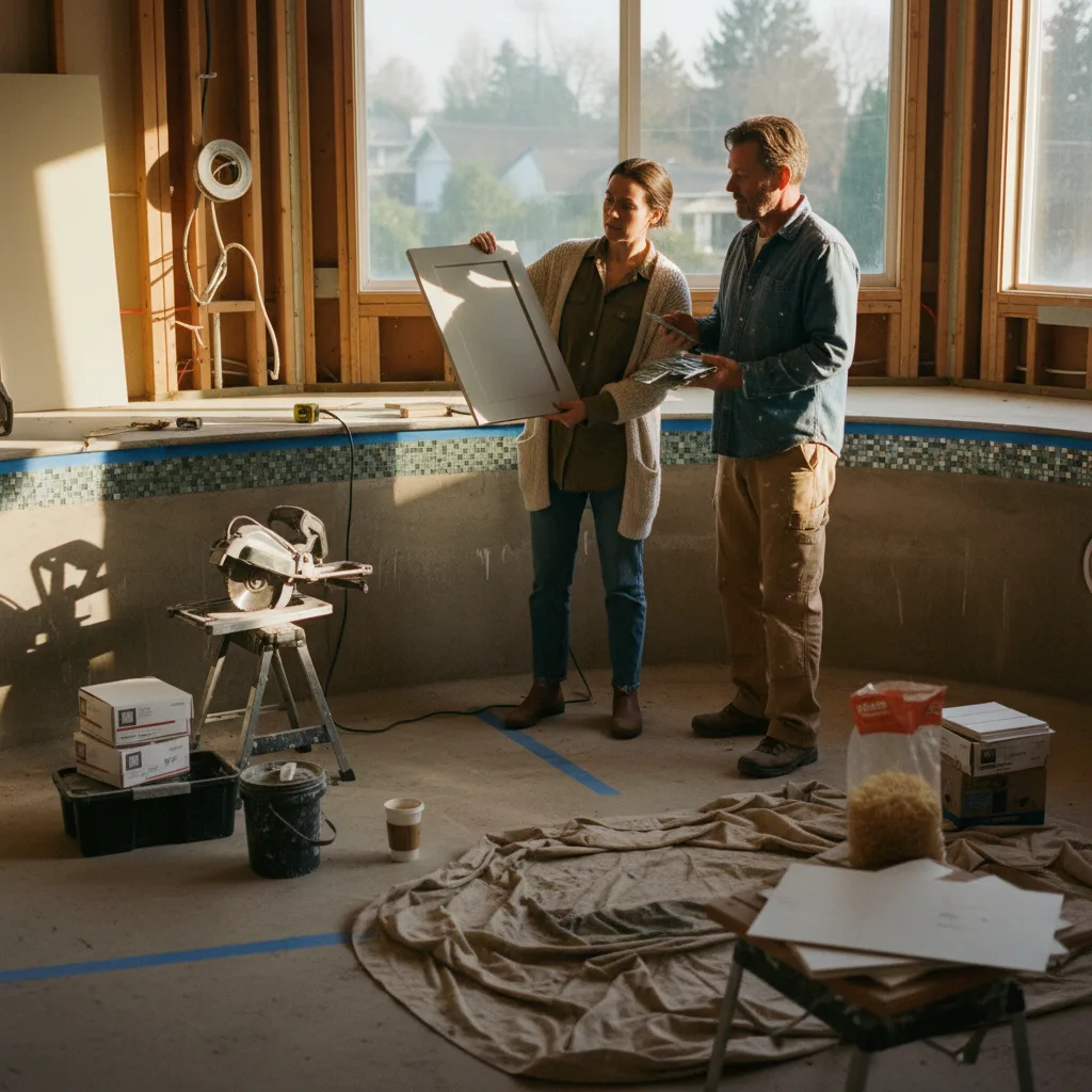 A homeowner and their pool contractor review tile samples for a new inground pool in Seattle, with architectural plans spread across a table beside them.