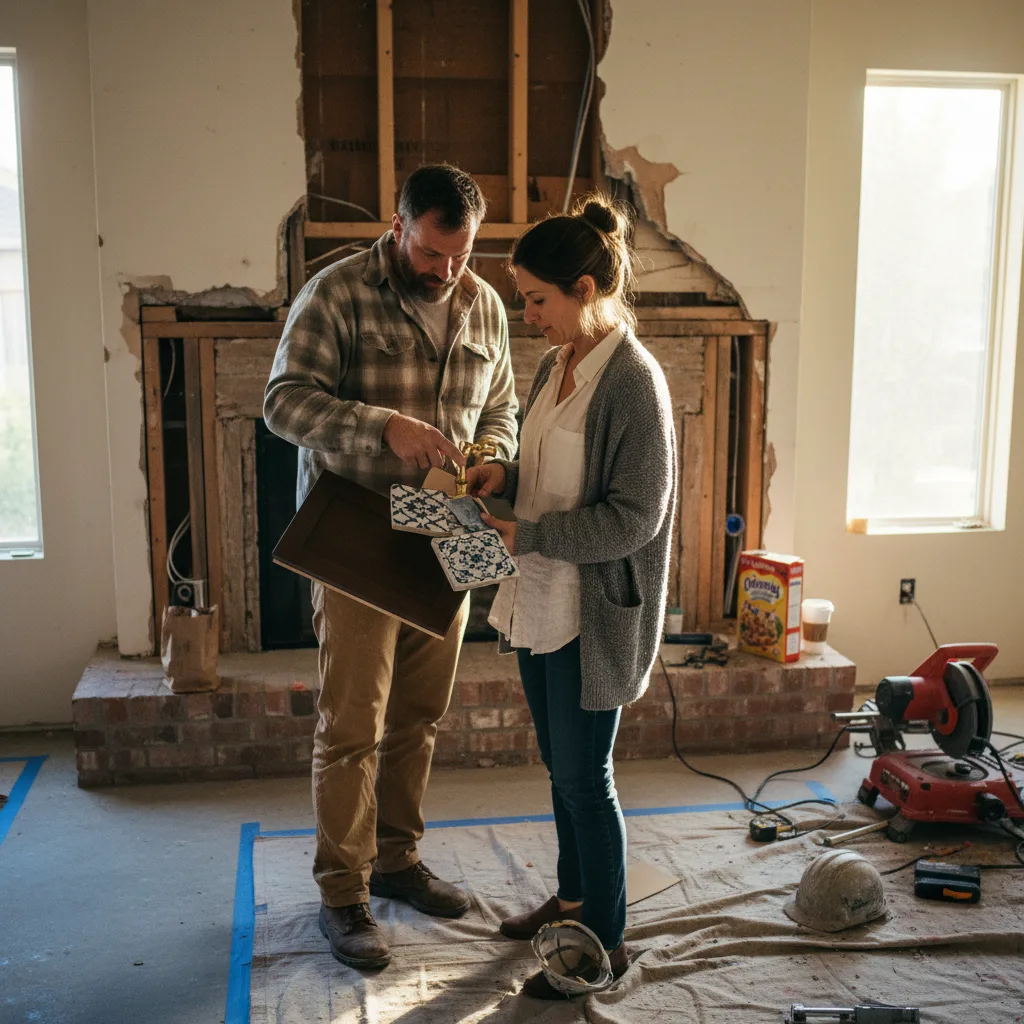A Pasadena homeowner and their landscape architect review board-formed concrete samples for a new outdoor fireplace.
