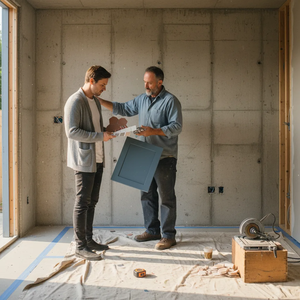 A retaining wall contractor in San Jose discusses blueprint modifications for an integrated bench seat with a homeowner on a sloped backyard site.