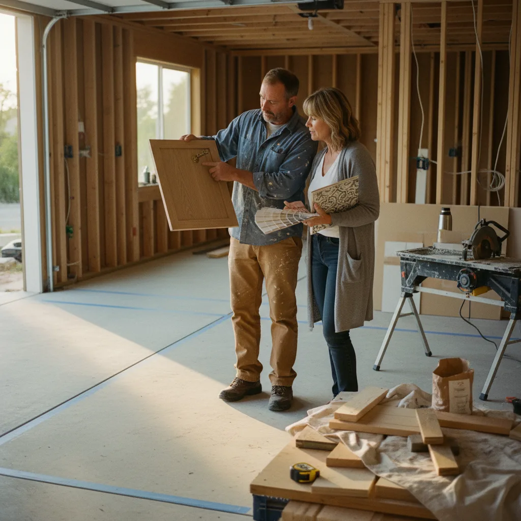 A Seattle driveway contractor reviews paver samples with a homeowner on a partially excavated driveway site.