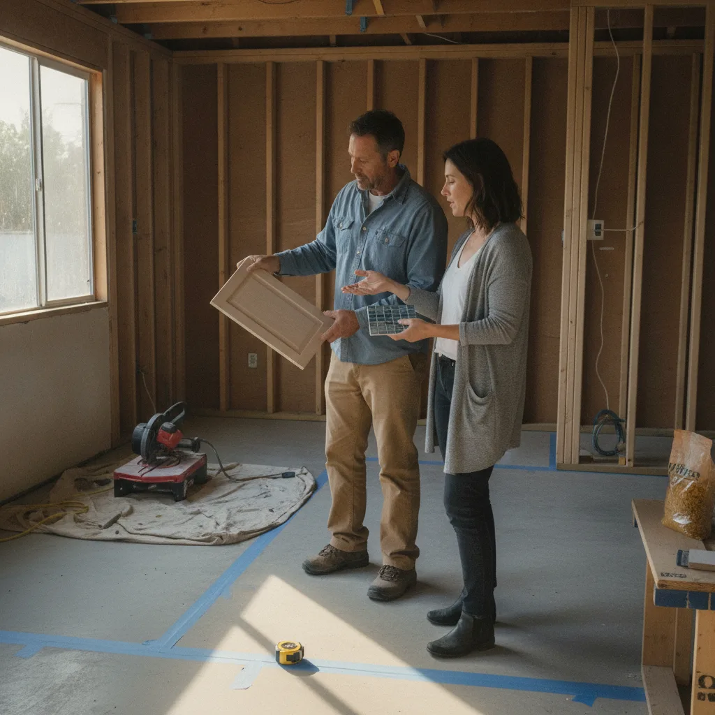 A Long Beach homeowner and their garage conversion contractor looking over architectural plans inside the partially framed garage.