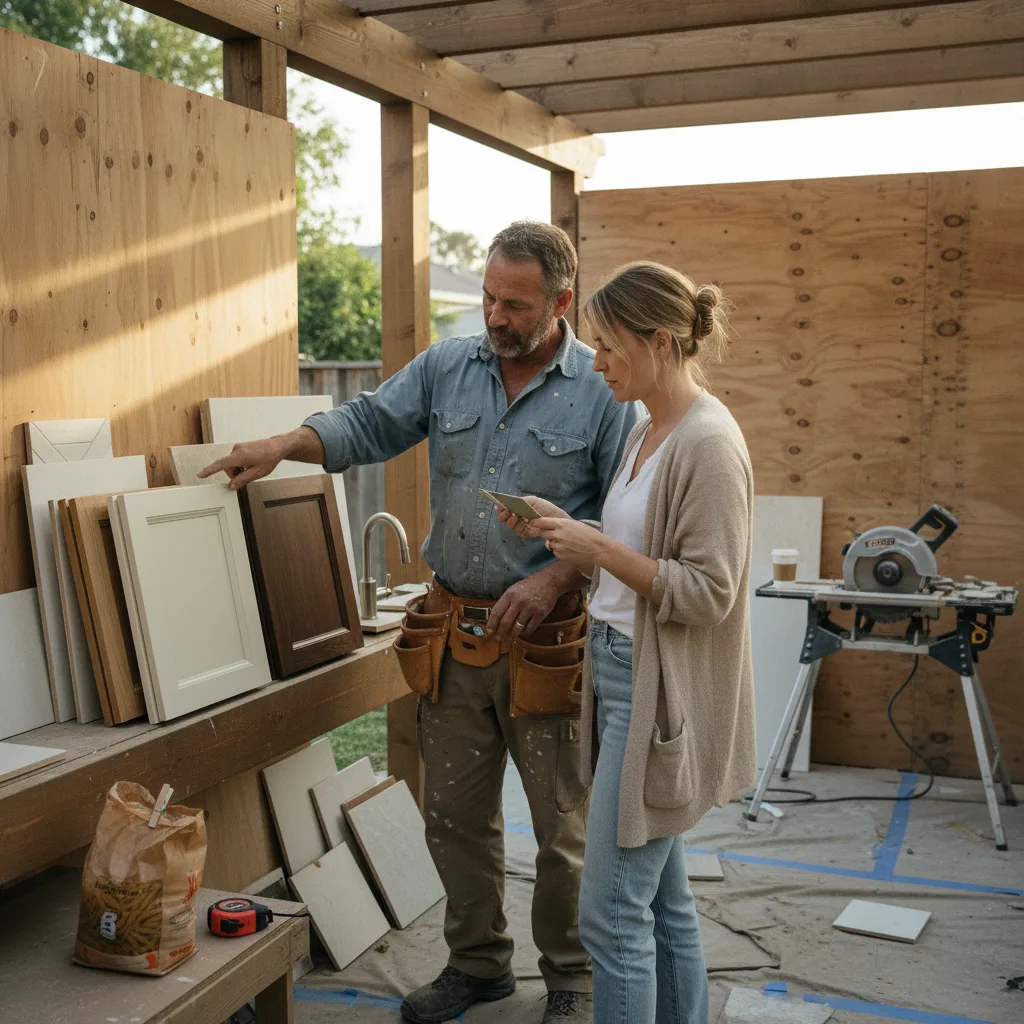 An Orange County homeowner and their contractor review material samples for a new pergola build.