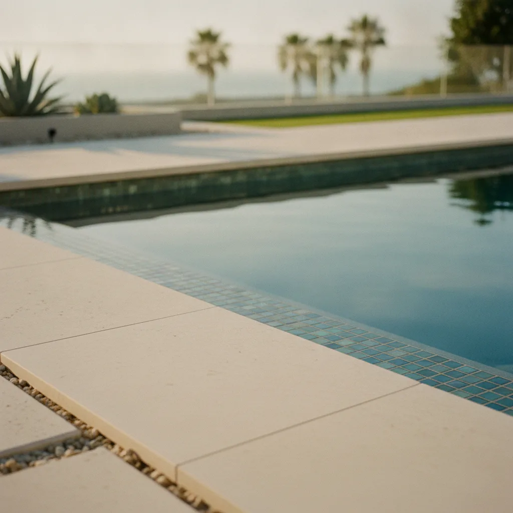 A newly constructed rectangular saltwater pool with a dark pebble finish, surrounded by a light-colored travertine paver deck and coping.