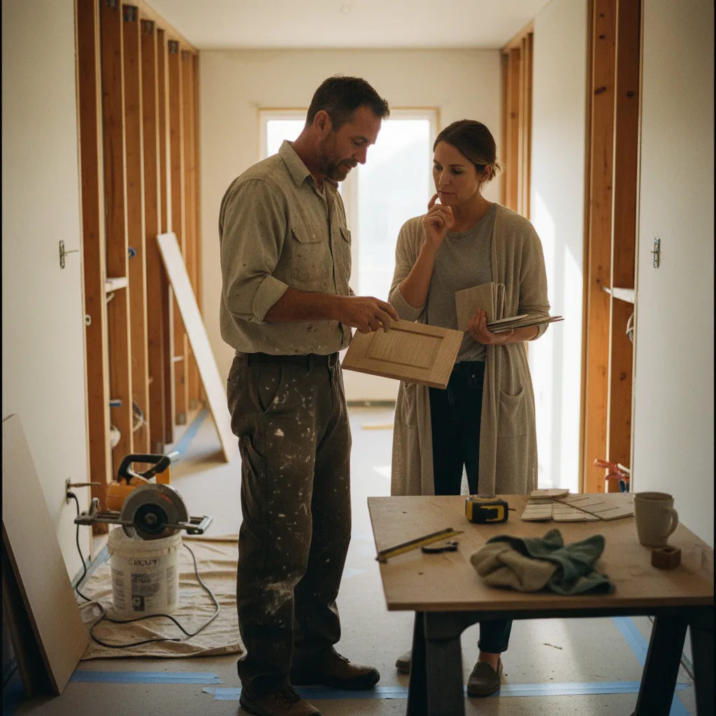 A walkway contractor in Riverside discusses paver samples and base preparation with a homeowner on-site.
