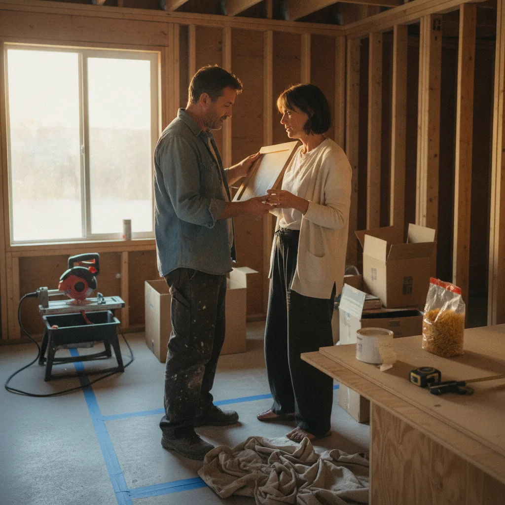 A homeowner and their ADU contractor reviewing blueprints on-site in a Beverly Hills backyard.