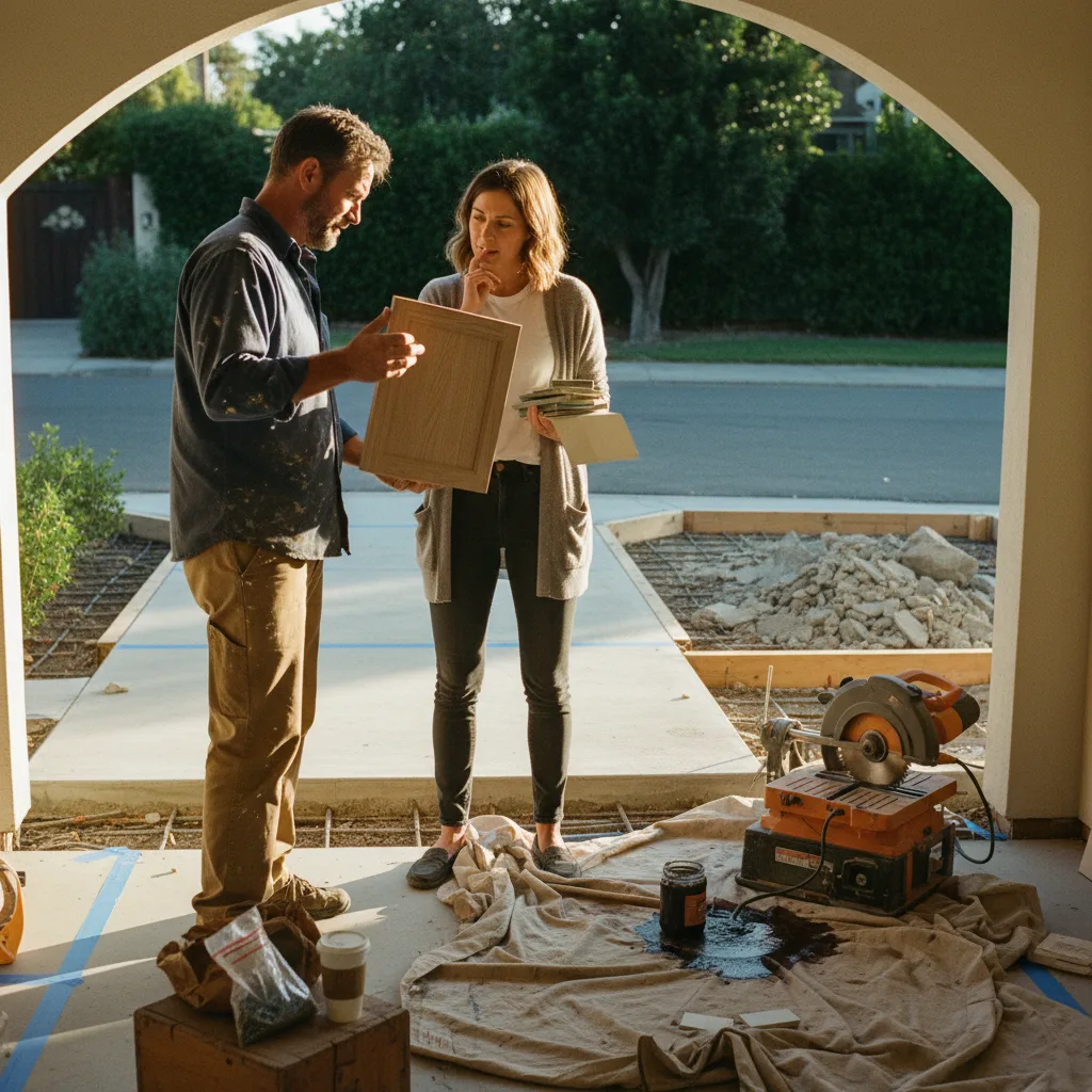 A contractor and a Beverly Hills homeowner review geotextile fabric options for a driveway sub-base, ensuring proper soil separation.