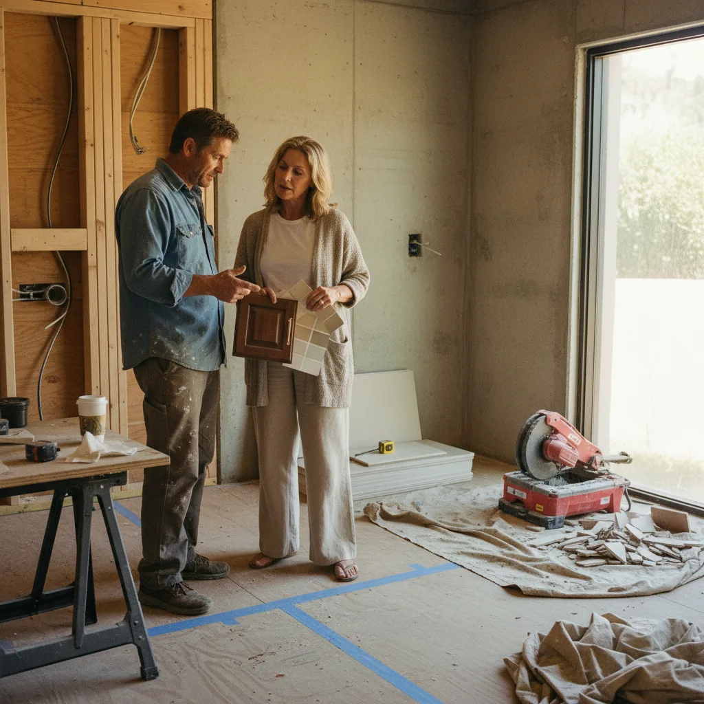 A retaining wall contractor and a homeowner review the structural plans on-site, pointing to the rebar schedule for a reinforced concrete wall in Beverly Hills.