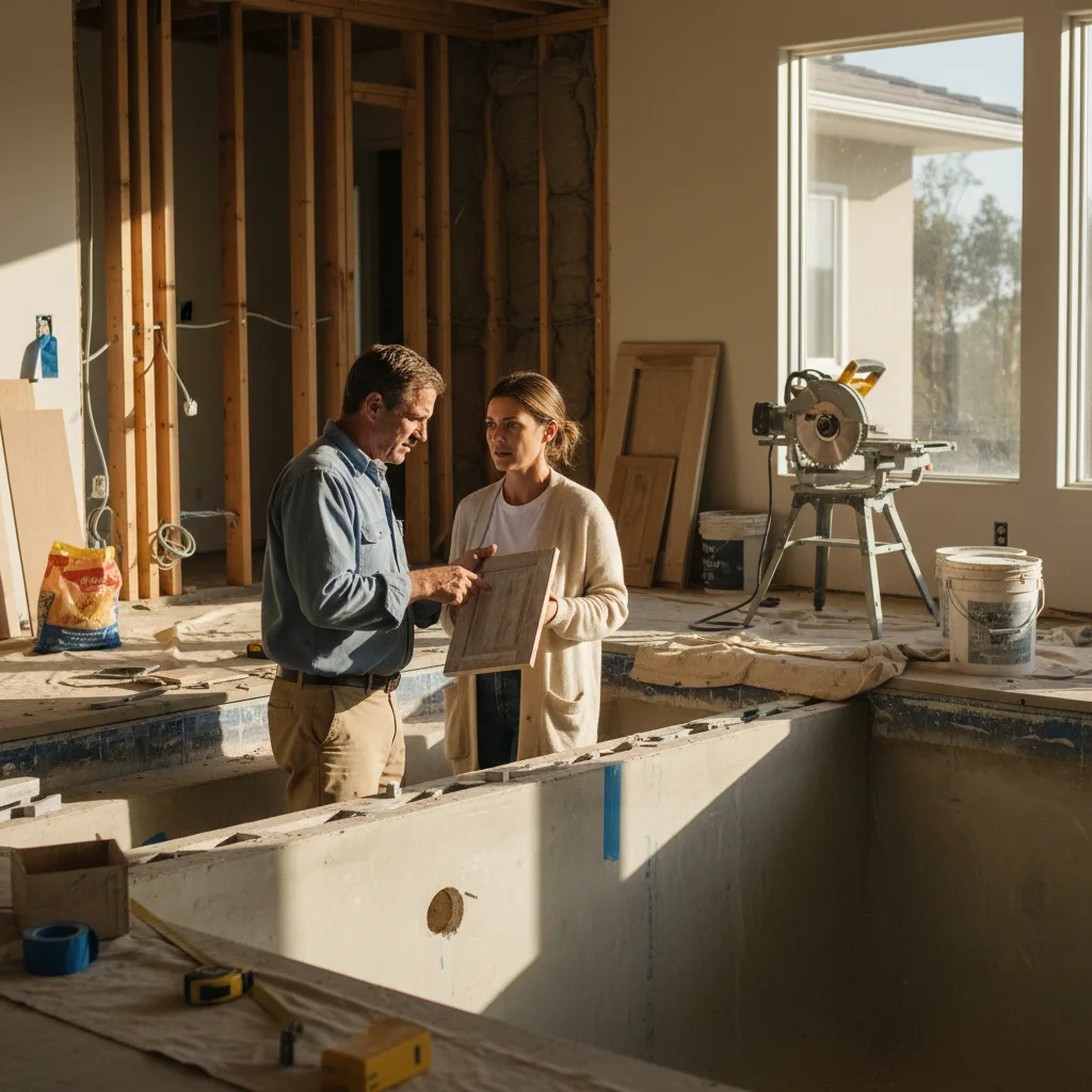 A Malibu homeowner and their pool contractor looking over architectural plans on a dusty construction site, with the Pacific Ocean visible in the background.