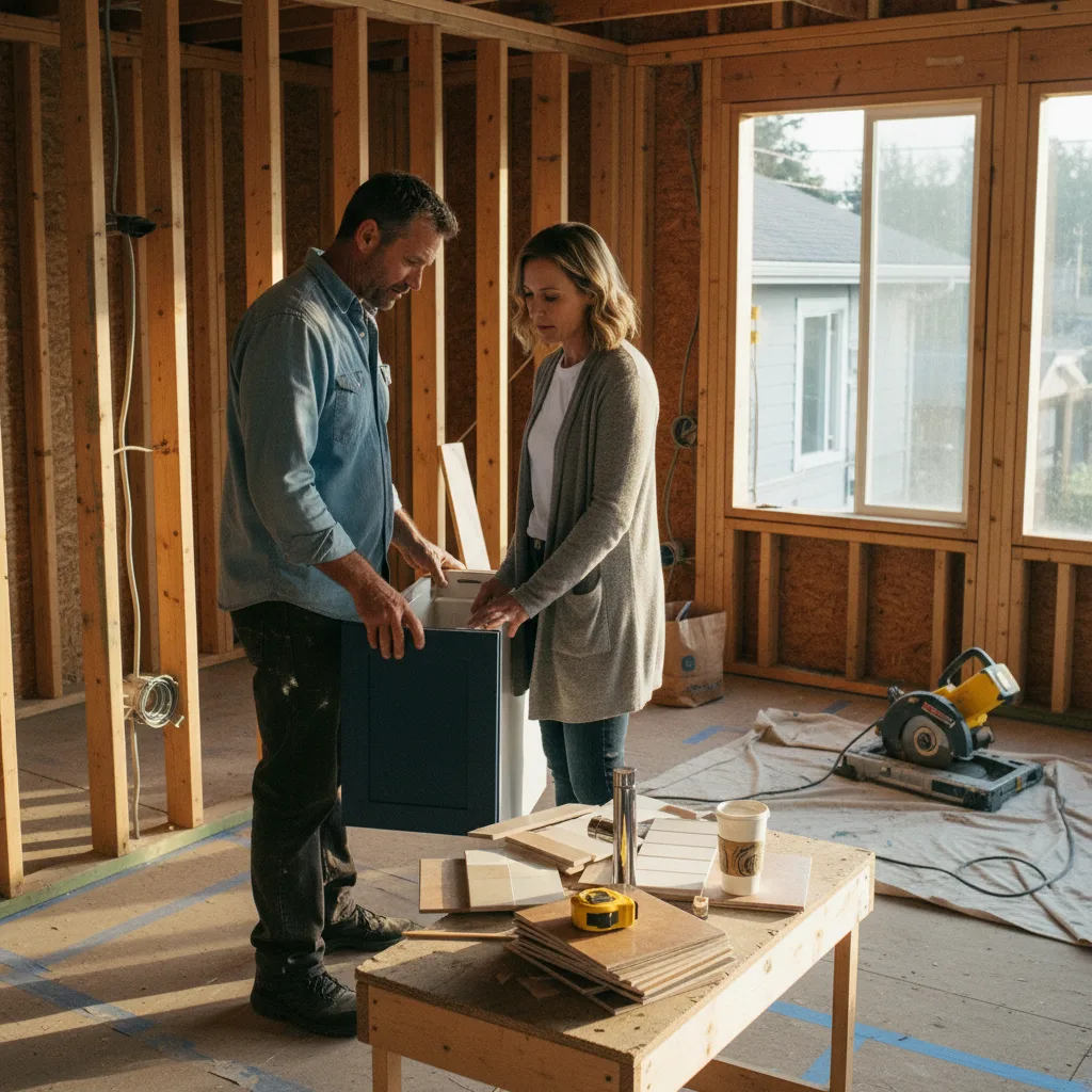 An Oakland deck contractor shows a homeowner the critical ledger board flashing detail on a new deck construction.