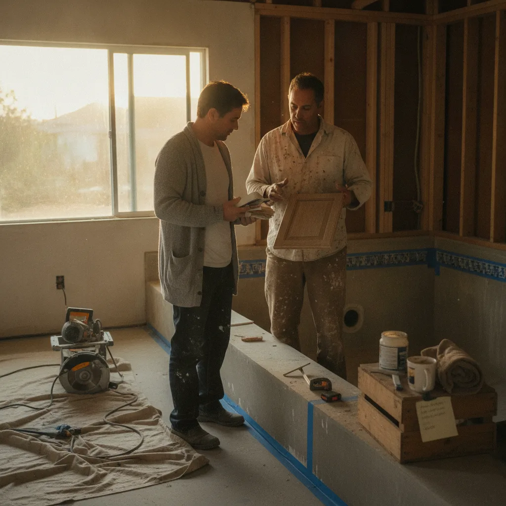 A homeowner and a pool contractor looking over paving stone samples on a driveway in Pasadena, discussing material durability for a saltwater pool deck.