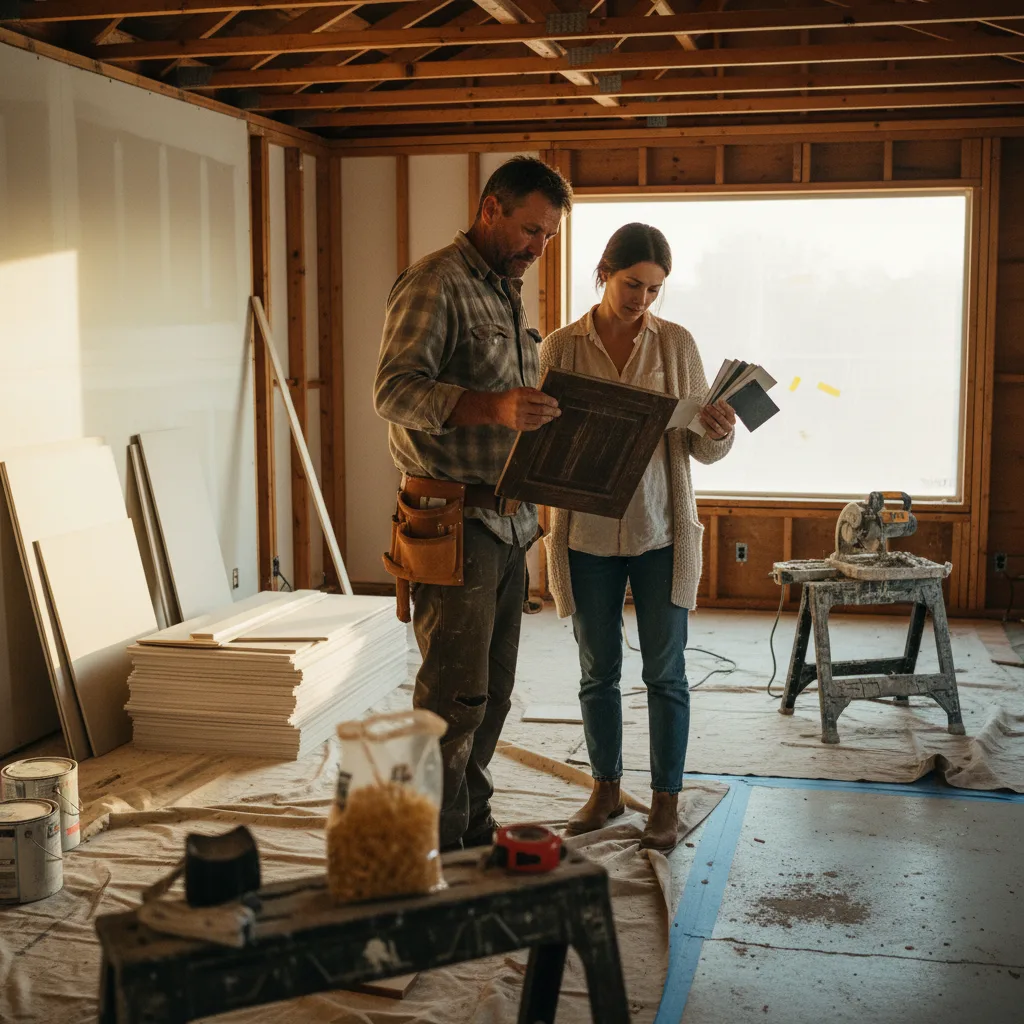 A roofing contractor and a homeowner in Sacramento examining different cool roof shingle samples in the sunlight.