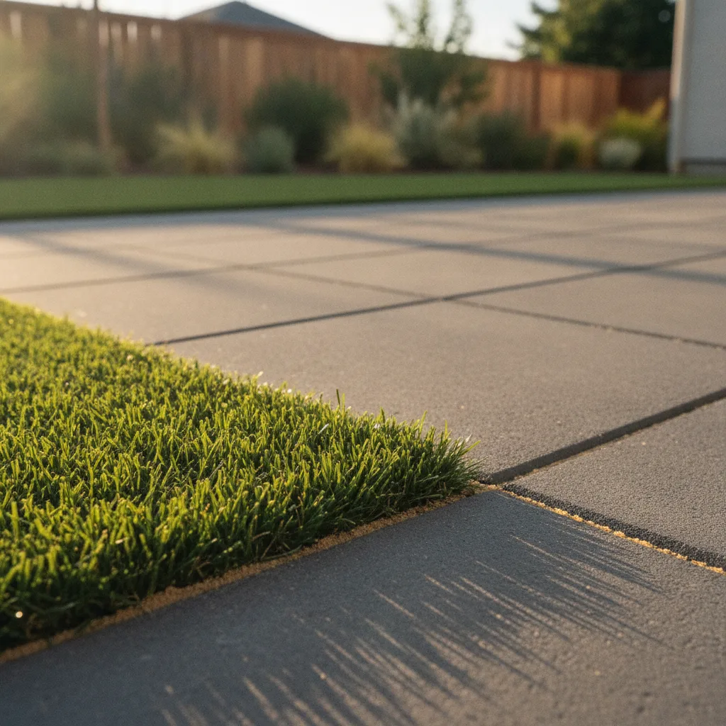 A professionally installed artificial turf lawn with a putting green feature, surrounded by clean, modern hardscaping and plantings.