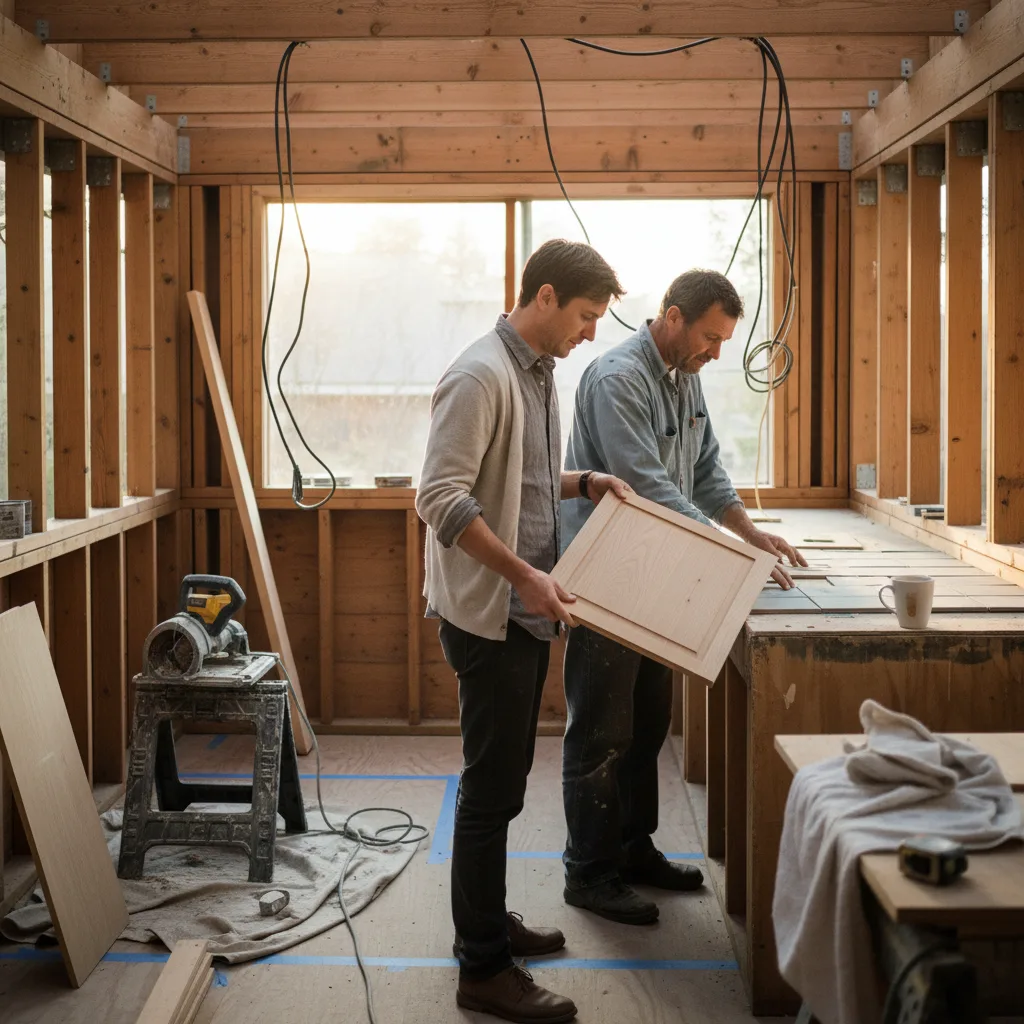A Seattle homeowner and a contractor looking at warped, rotting wood on a poorly built pergola frame during a rainy day.