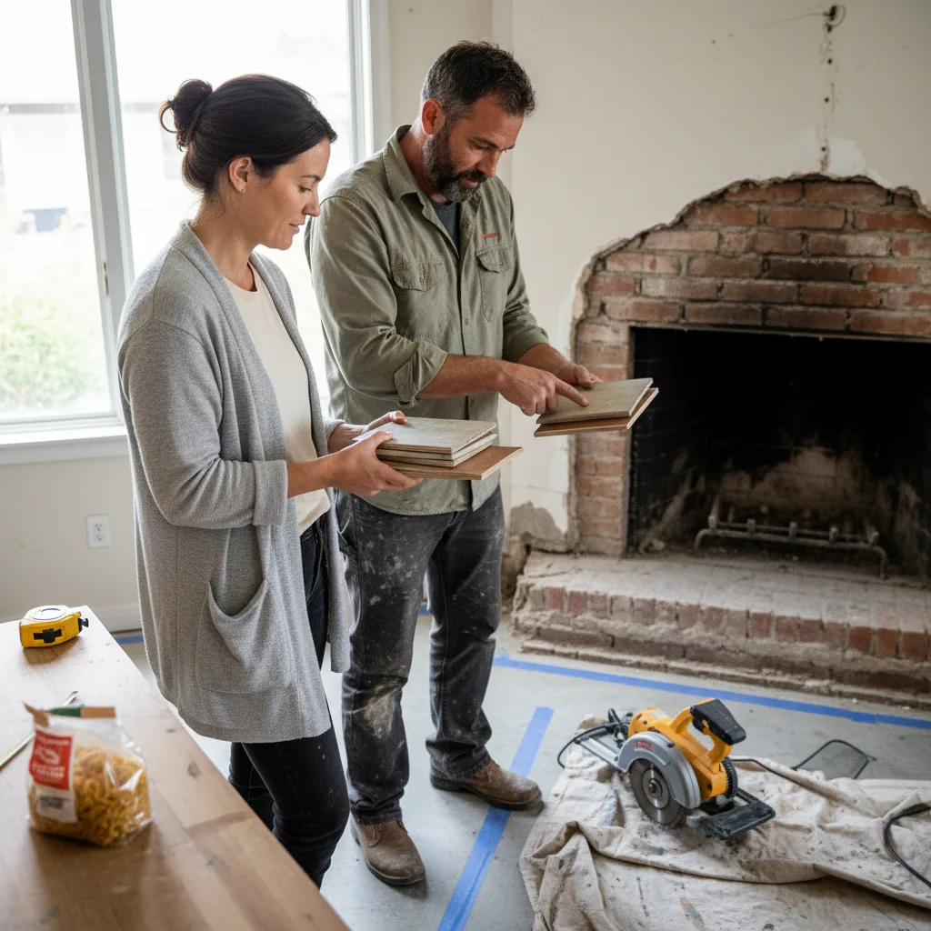 A Long Beach homeowner and their contractor review stone veneer samples for a new outdoor fireplace build.