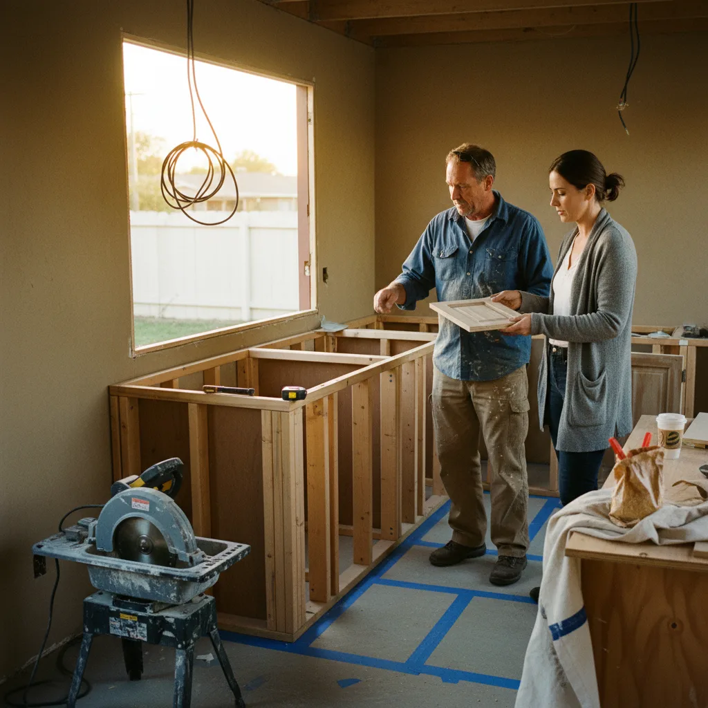A Riverside homeowner and their outdoor kitchen contractor review countertop samples on a sunny patio.