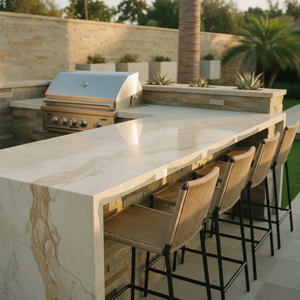 A homeowner and their outdoor kitchen contractor in Riverside reviewing granite countertop samples on a partially built kitchen island frame.