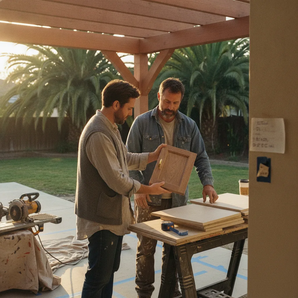 A Los Angeles homeowner and their contractor review design plans for a new backyard pergola.