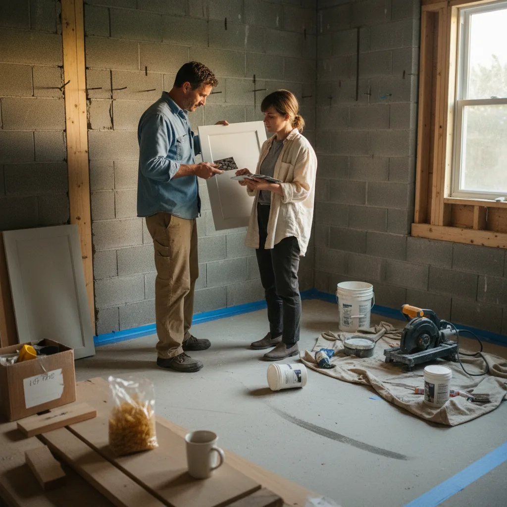 A Seattle homeowner and a retaining wall contractor review geotech plans on a sloped backyard site.