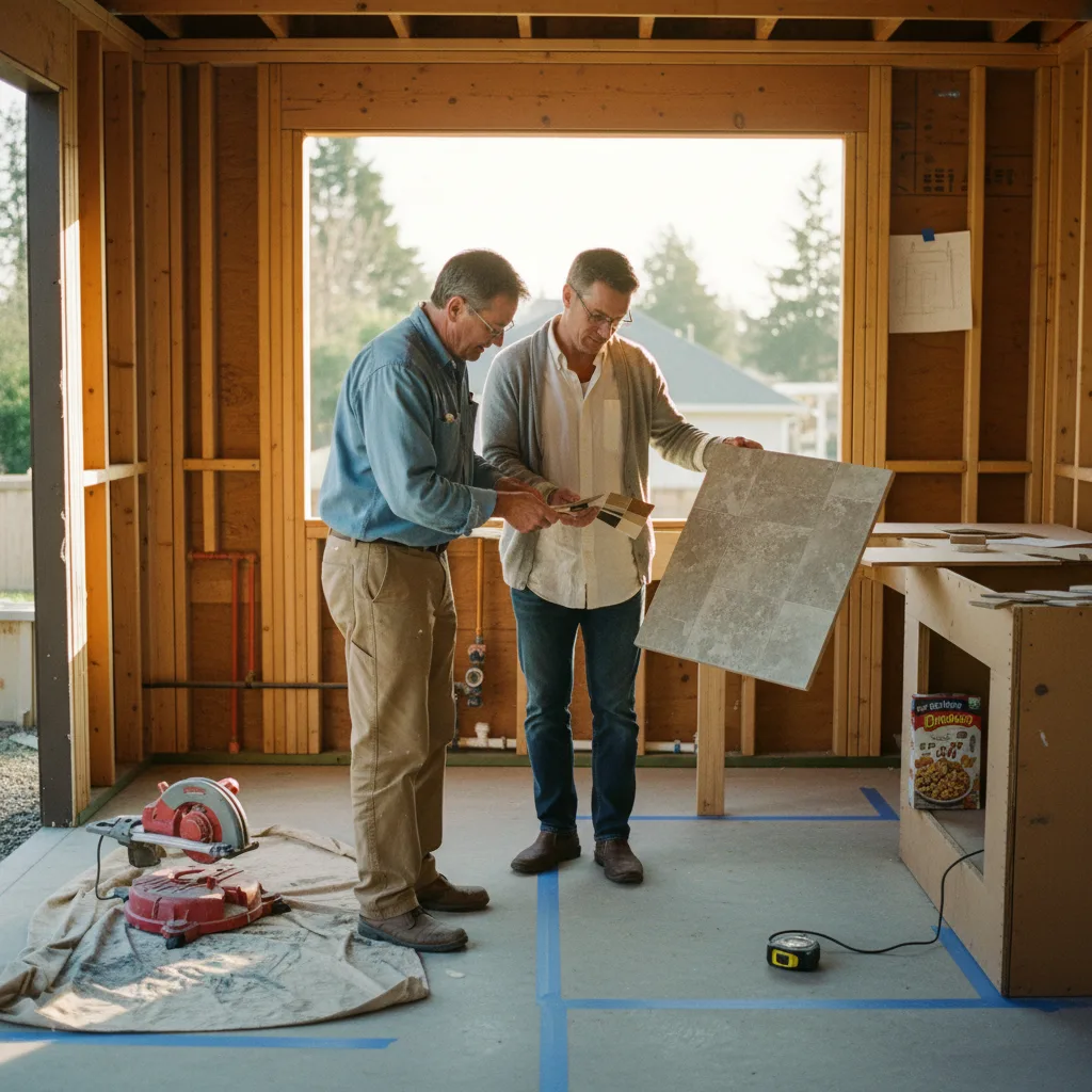 A homeowner and their outdoor kitchen contractor review Dekton countertop samples under the partially constructed frame of a louvered pergola in a Bellevue backyard.