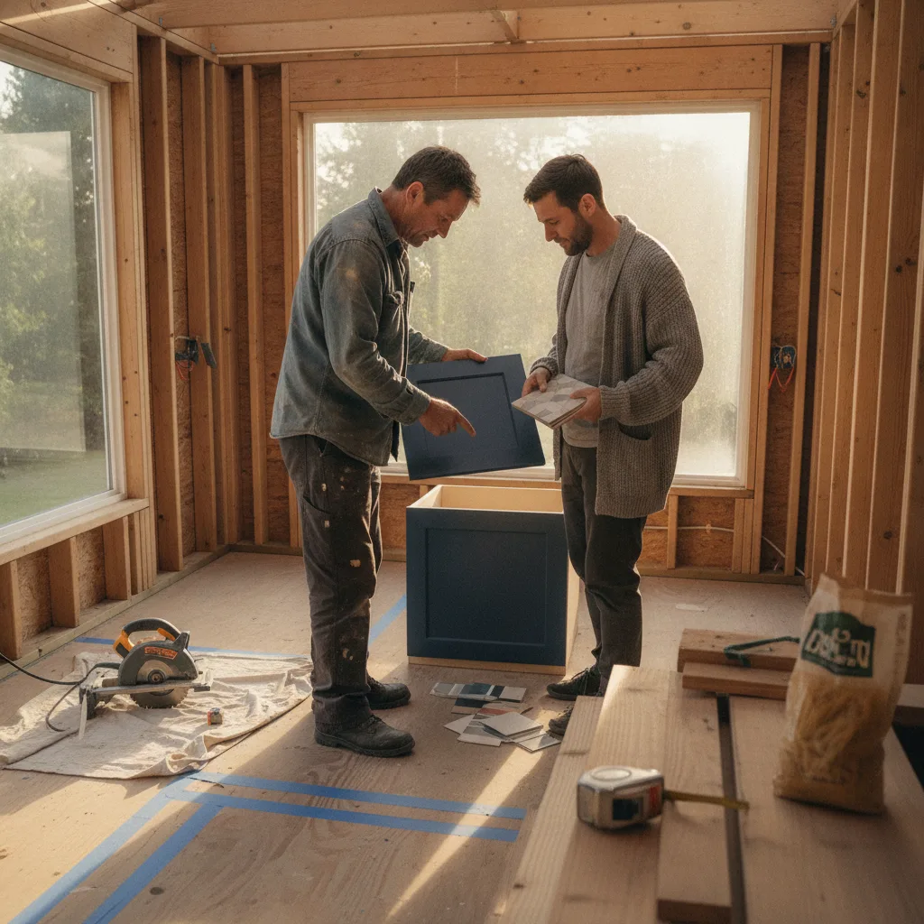 A Bellevue homeowner and their pergola contractor review finish samples for a powder-coated aluminum structure in their backyard.