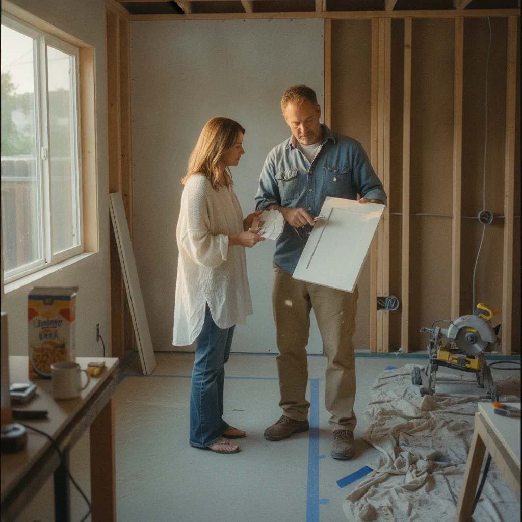 A homeowner and their ADU contractor reviewing blueprint plans on a tablet inside a newly framed accessory dwelling unit in a San Diego backyard.