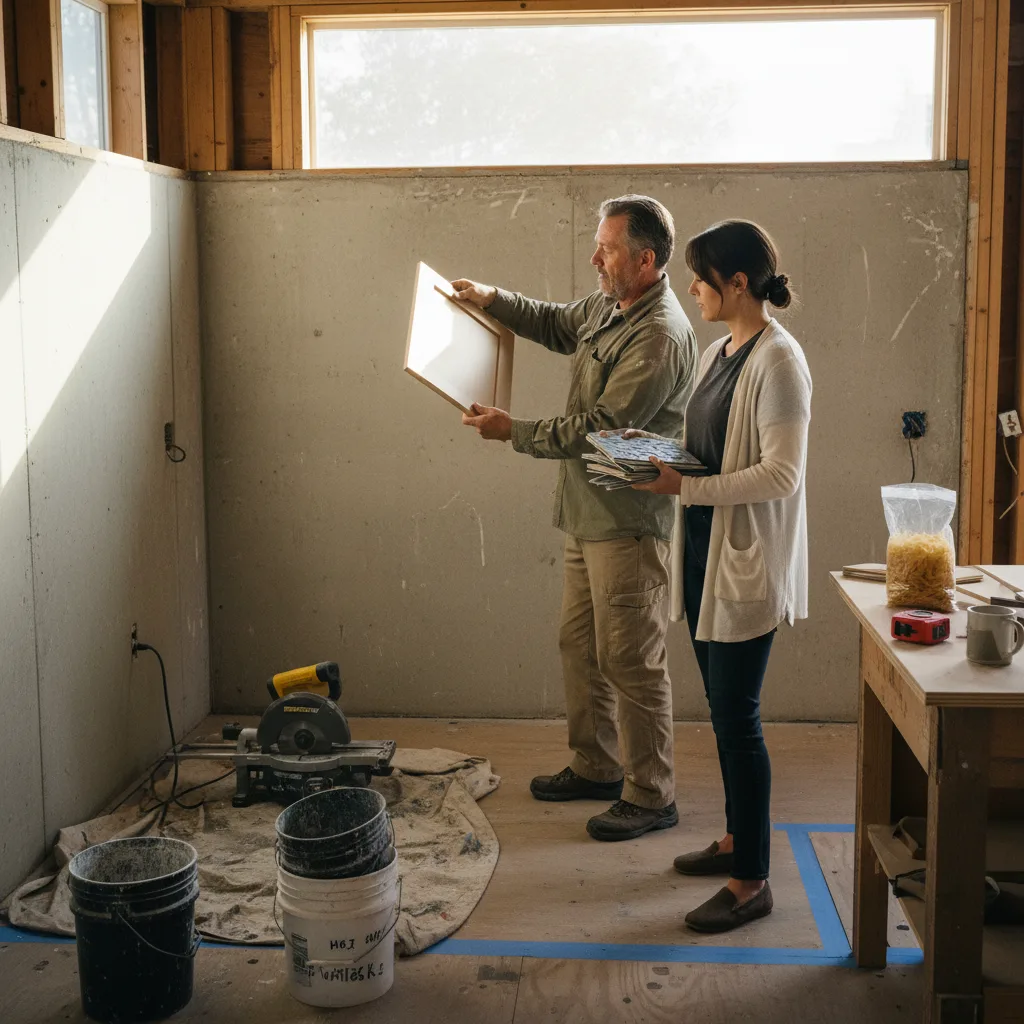 A San Jose retaining wall contractor and homeowner review geogrid reinforcement plans on a tablet at a hillside construction site.