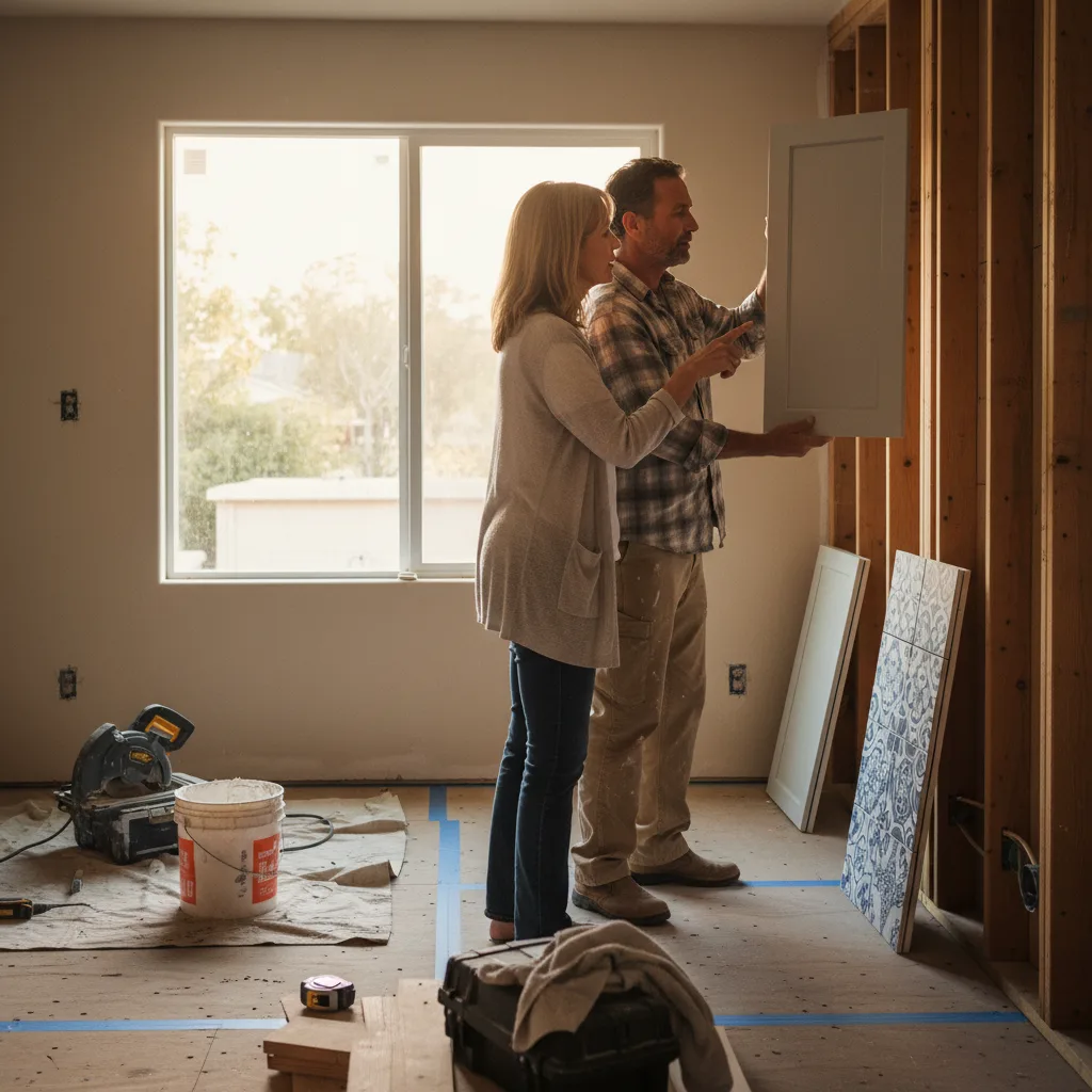 A contractor and homeowner in San Jose examine the structural plans for a new deck, discussing footing requirements for the region's clay soil.