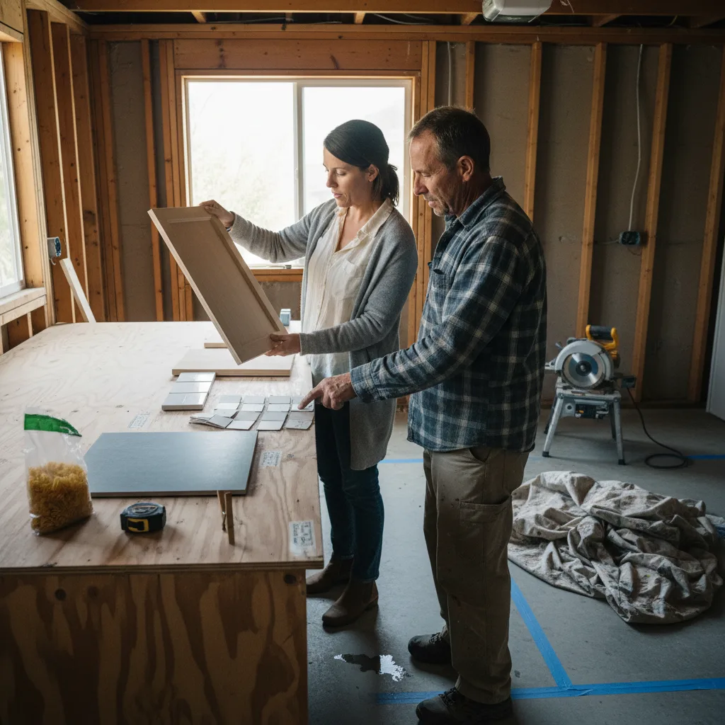 A contractor and homeowner in Riverside reviewing foundation plans for a garage conversion, pointing out potential issues with the existing concrete slab.