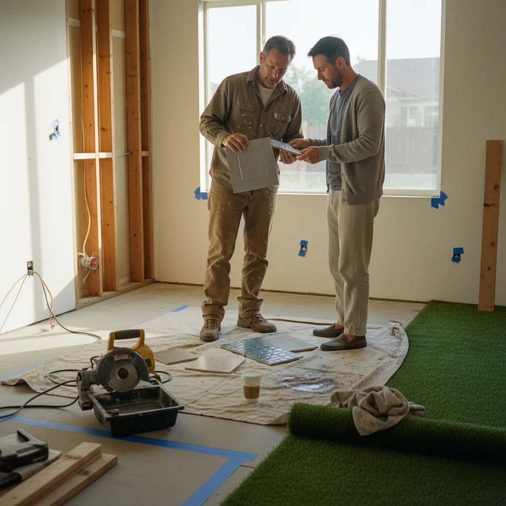 An Irvine homeowner and a turf installation contractor reviewing different artificial grass samples on a partially prepared yard base.