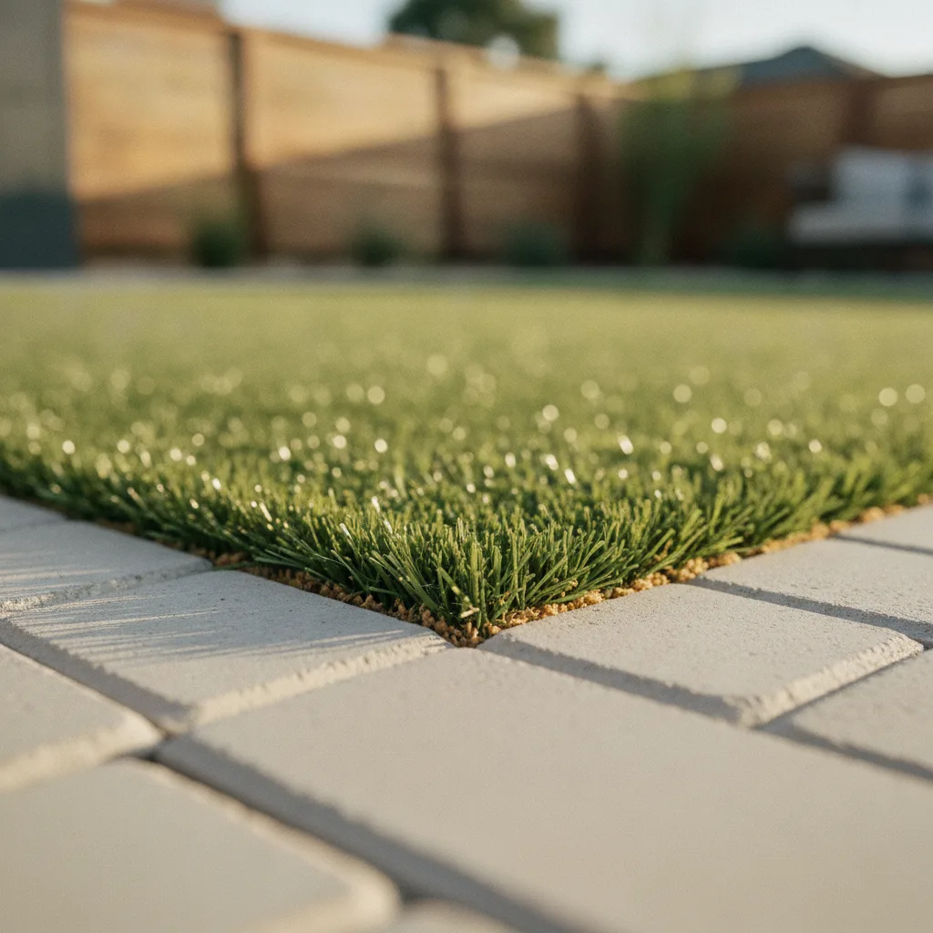 A newly installed artificial turf lawn with a clean, curved edge bordering a garden bed with mulch and plants.