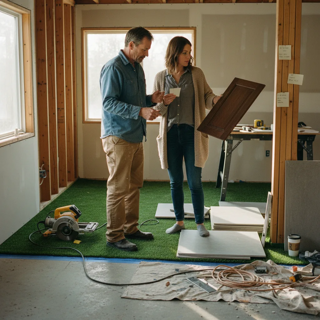A homeowner and a contractor review artificial turf samples on a driveway in Bellevue, pointing at different textures and shades of green.