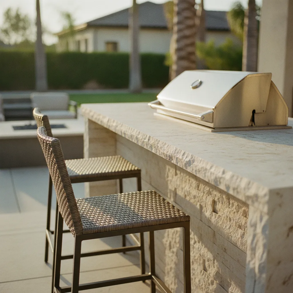 An Irvine homeowner reviews countertop samples with her landscape architect for a new outdoor kitchen in her backyard.
