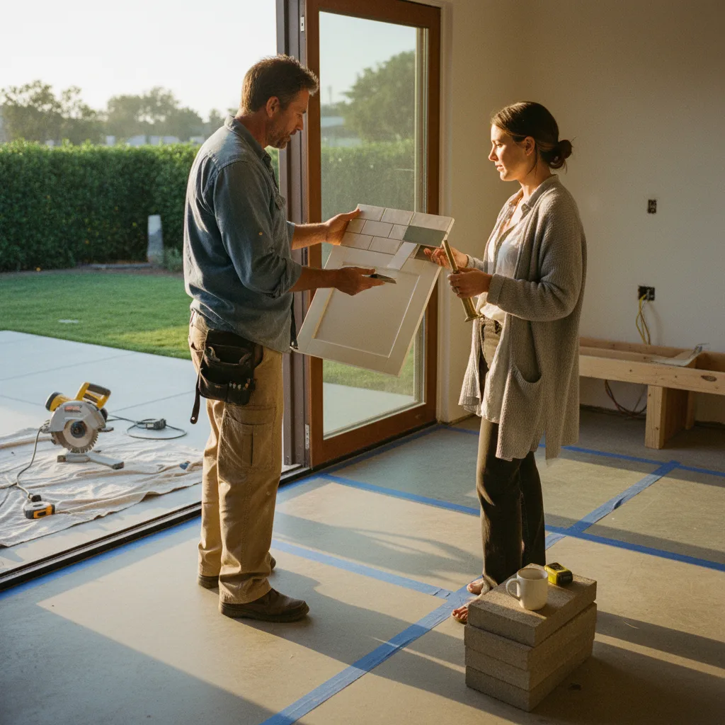 A concrete patio contractor and a homeowner review concrete color and finish samples on a sunny job site in Malibu, California.
