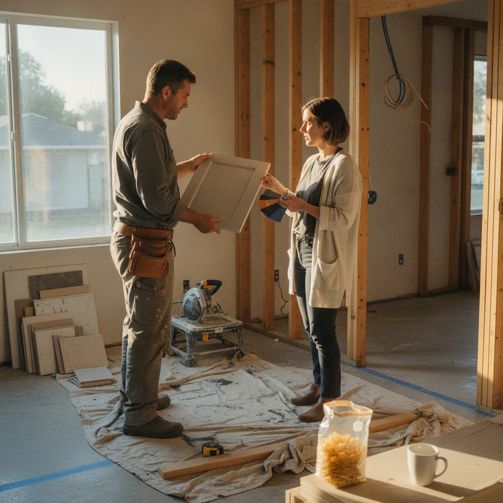 Landscape designer Hannah Kessler reviews a planting plan with a Sacramento homeowner in their unfinished backyard, pointing to areas for new hydrozones.