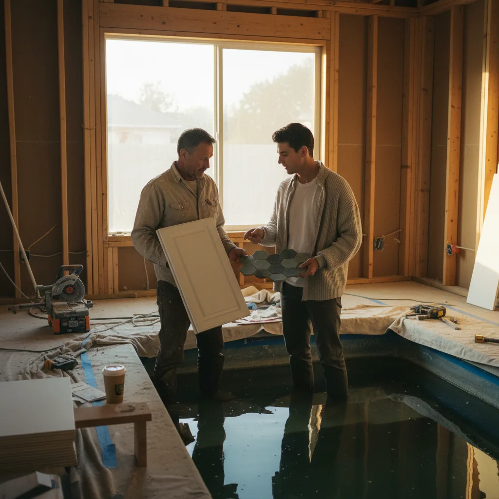 A San Jose homeowner and her pool contractor review coping stone samples next to the newly excavated pool area.