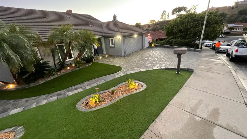 California Front Yard Turf and Paver Driveway